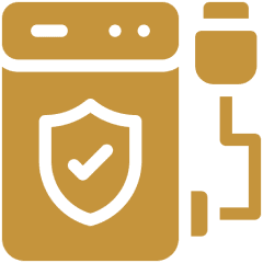 Secure device icon with shield and checkmark.