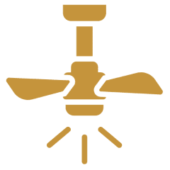 Golden ceiling fan icon on black background.
