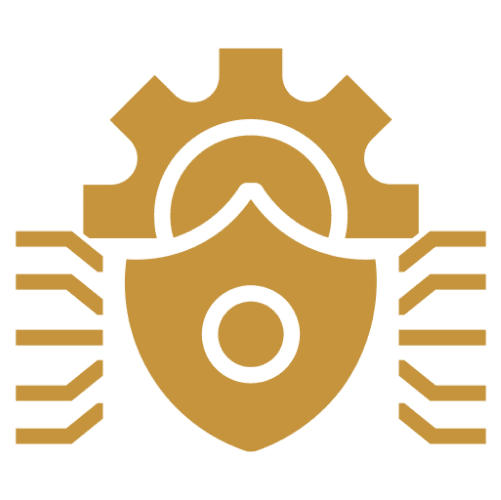 Gold shield with gear and stripes design.