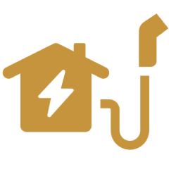 House and fuel pump icon, black background.