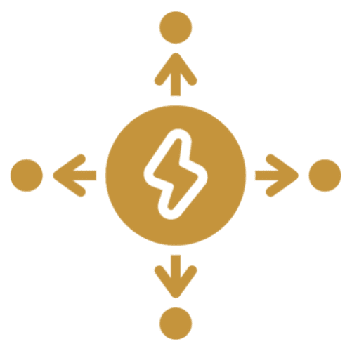 Power symbol with four directional arrows.